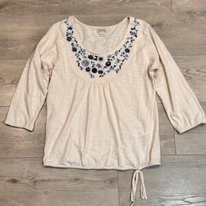 Lucky Brand Embroidered Floral Knit Top 3/4 Sleeve Drawstring Waist Cream Medium